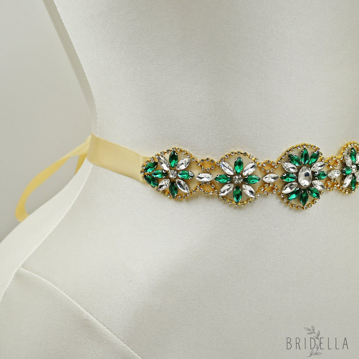 Champagne Ribbon Emerald Green Rhinestone Bridal Sash Wedding Dress Belt – Bridella BS257 - red 1 - Belts