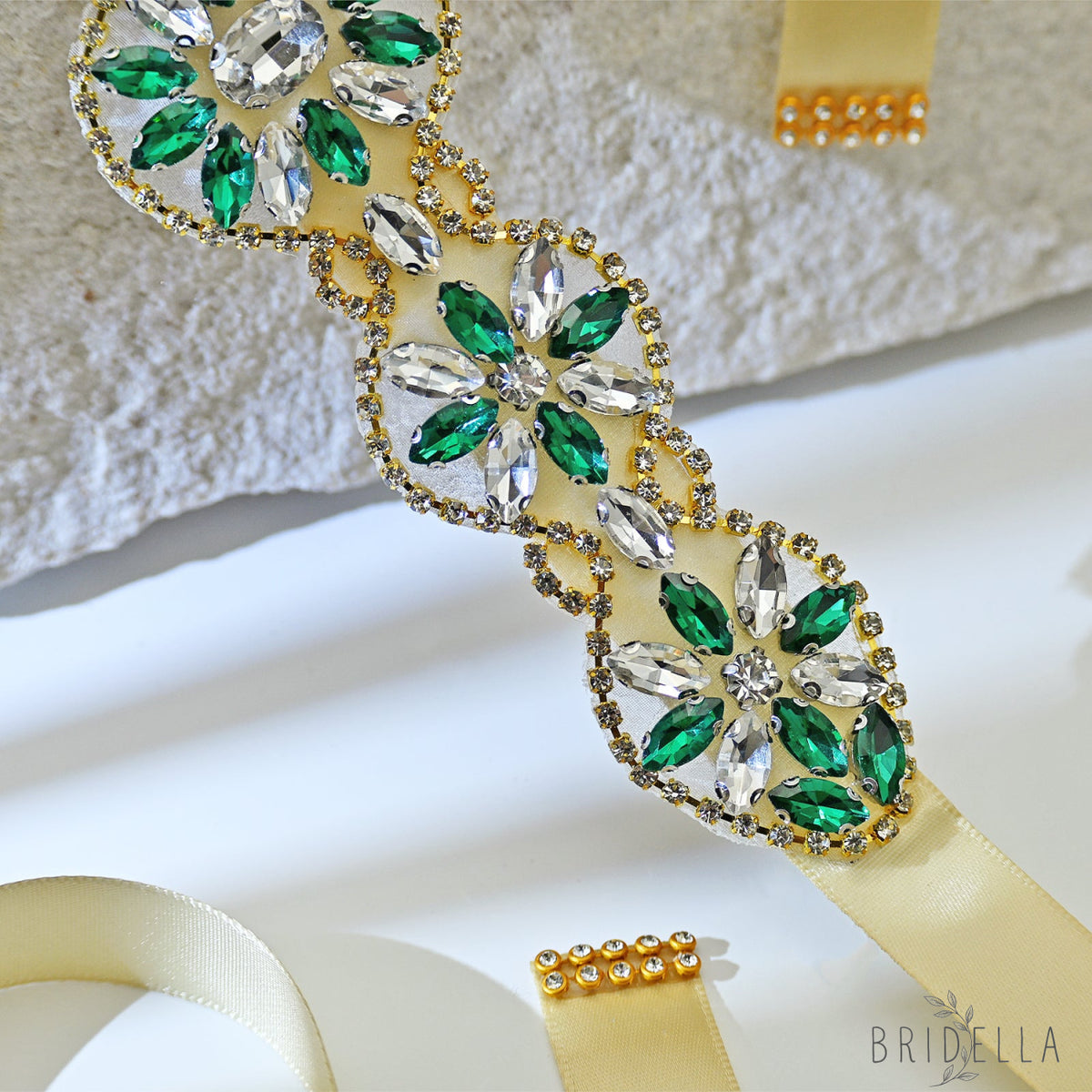 Champagne Ribbon Emerald Green Rhinestone Bridal Sash Wedding Dress Belt – Bridella BS257 - red 1 - Belts