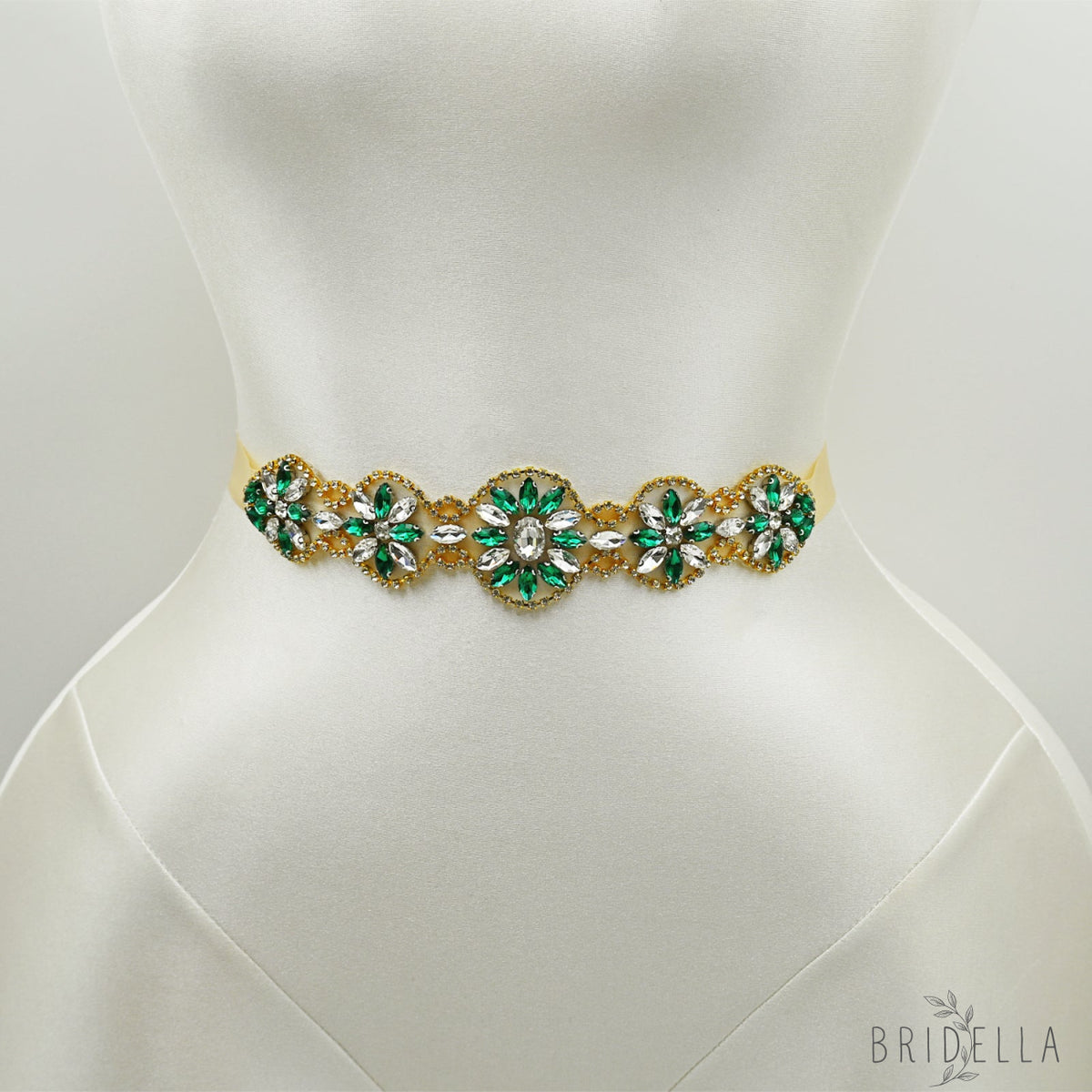 Champagne Ribbon Emerald Green Rhinestone Bridal Sash Wedding Dress Belt – Bridella BS257 - red 1 - Belts