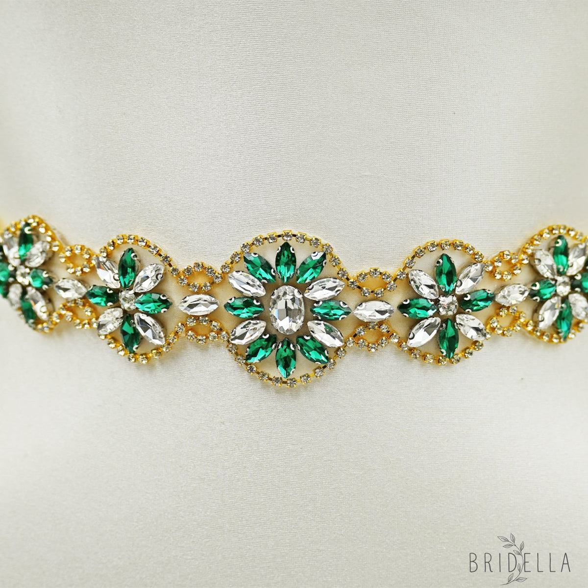 Champagne Ribbon Emerald Green Rhinestone Bridal Sash Wedding Dress Belt – Bridella BS257 - red 1 - Belts
