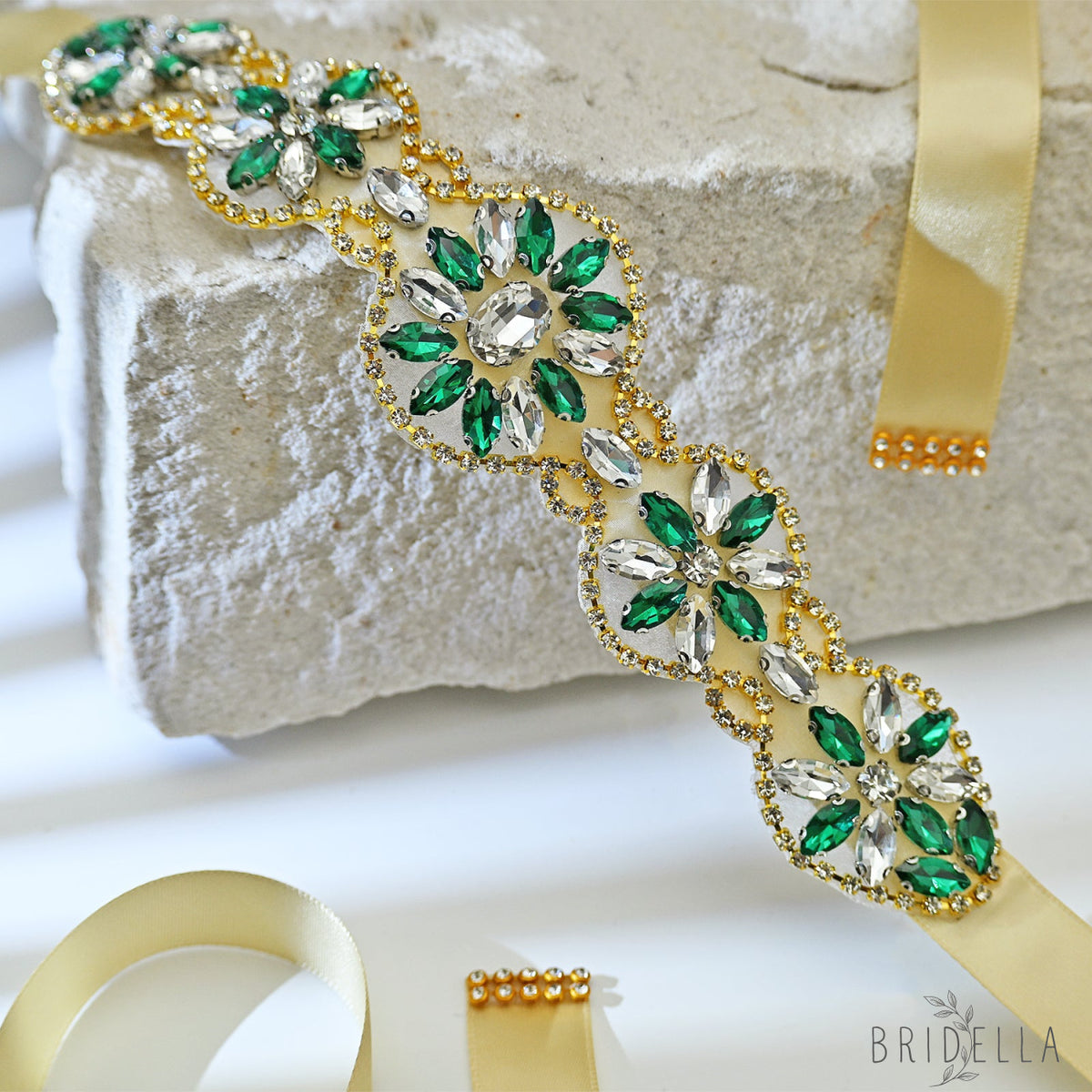 Champagne Ribbon Emerald Green Rhinestone Bridal Sash Wedding Dress Belt – Bridella BS257 - red 1 - Belts