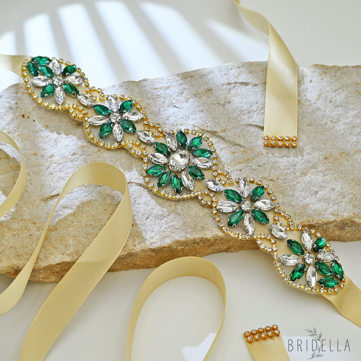 Champagne Ribbon Emerald Green Rhinestone Bridal Sash Wedding Dress Belt – Bridella BS257 - red 1 - Belts
