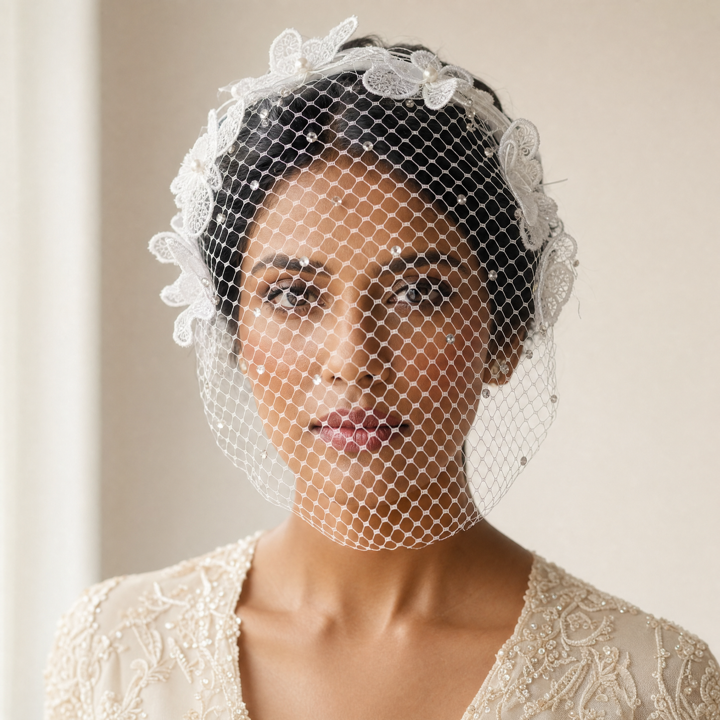 Rhinestone Lace Birdcage Bridal Veil Headband - Bridella BMA27