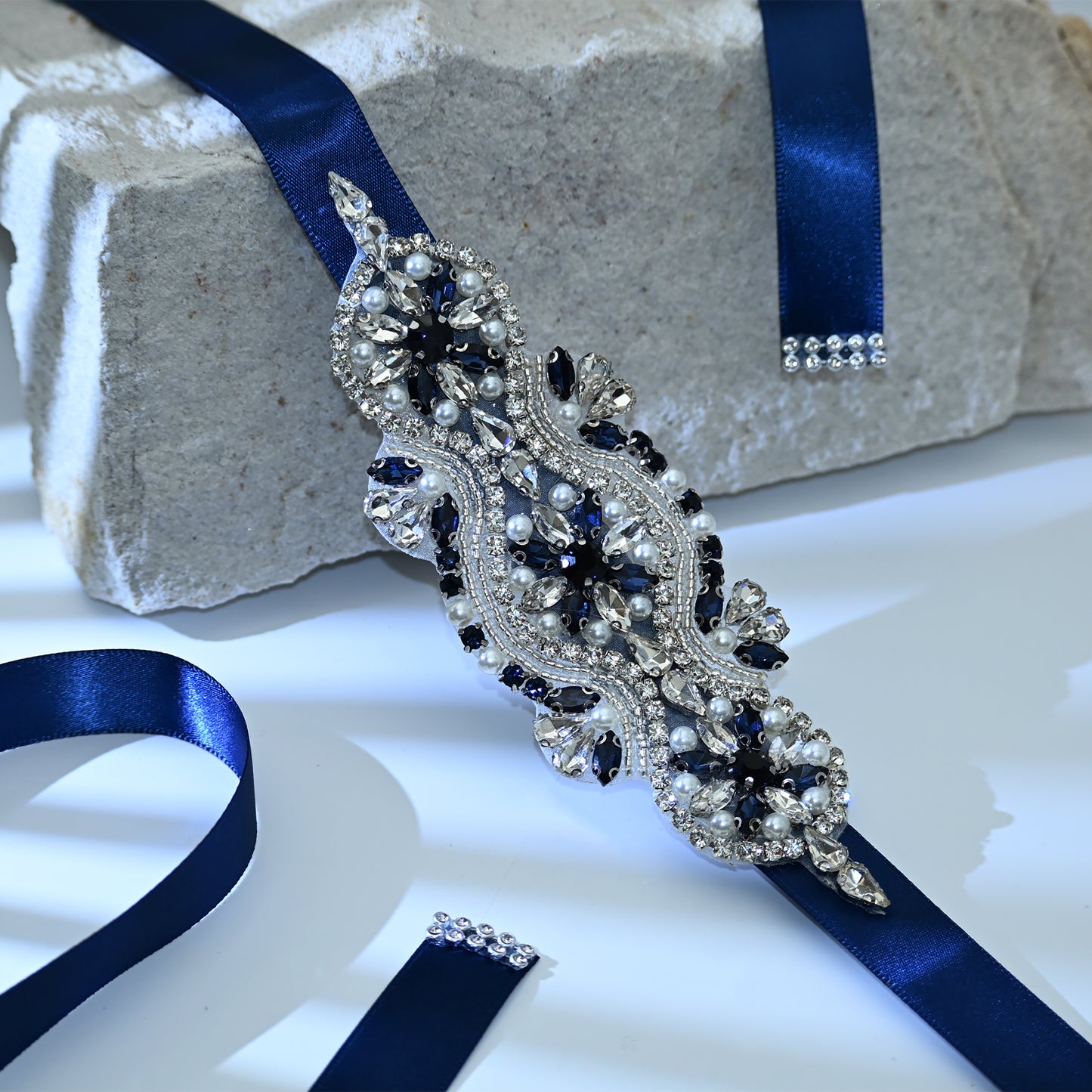Bridella BS05ML Navy Rhinestone & Pearl Belt