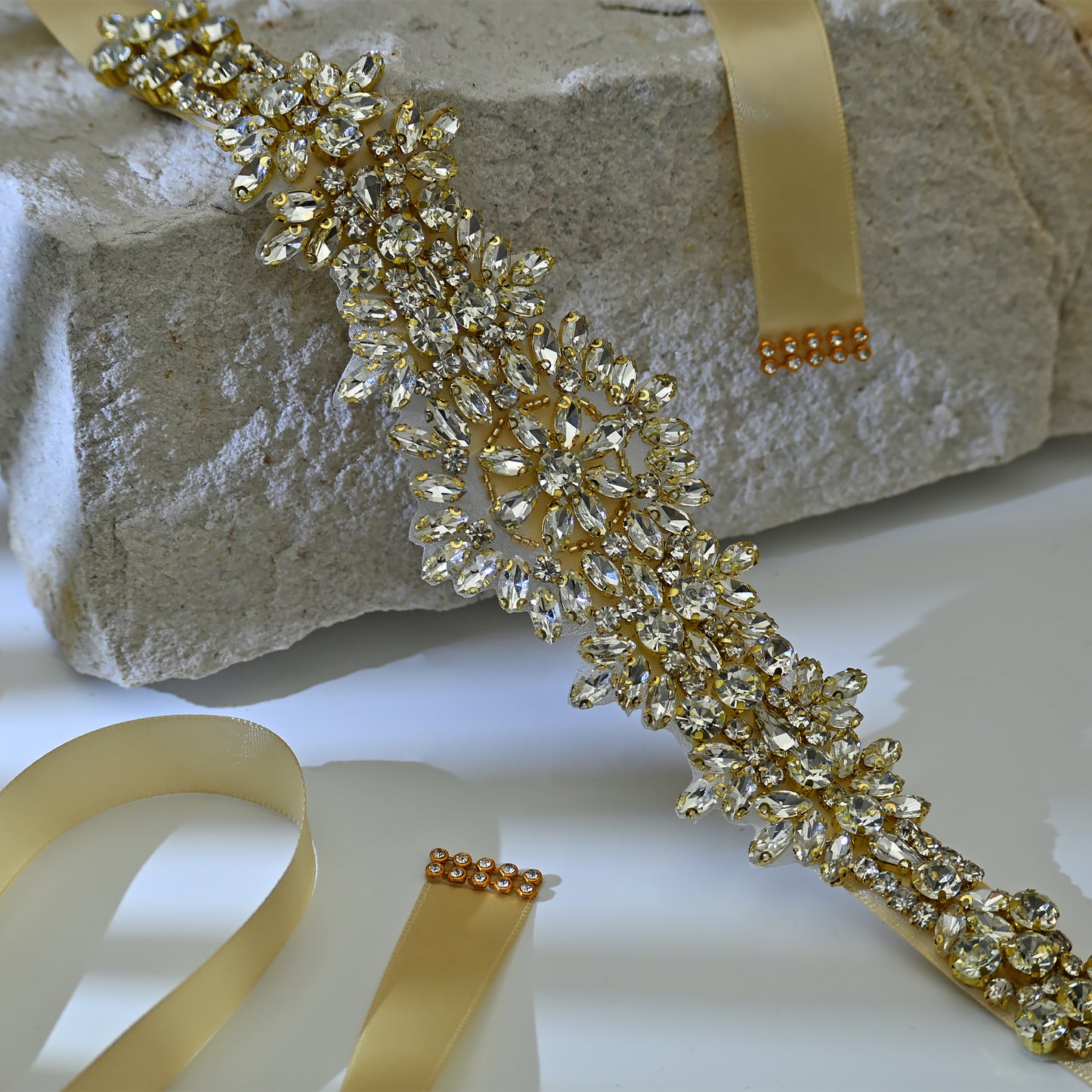 Bridella BS161G Champagne Rhinestone & Pearl Belt