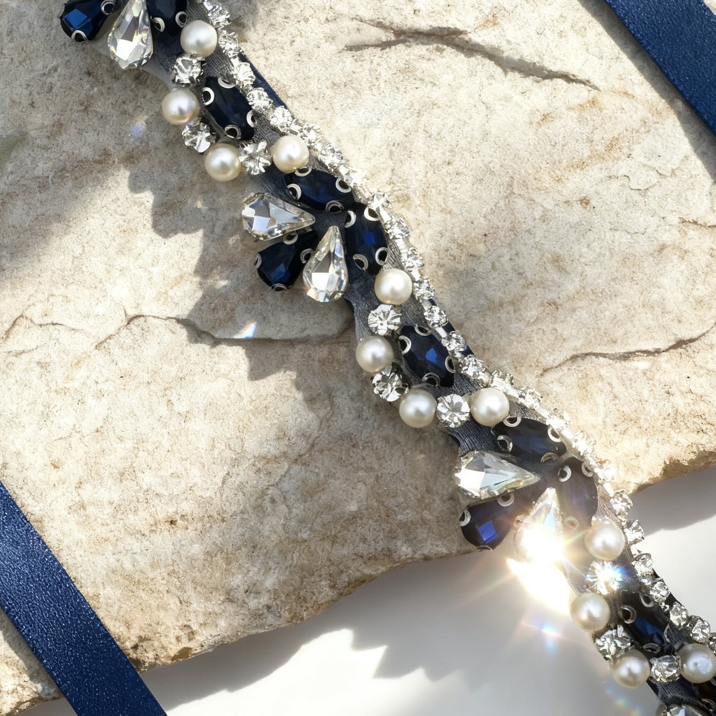 Navy Rhinestone & Pearl Belt - Bridella BS421ML