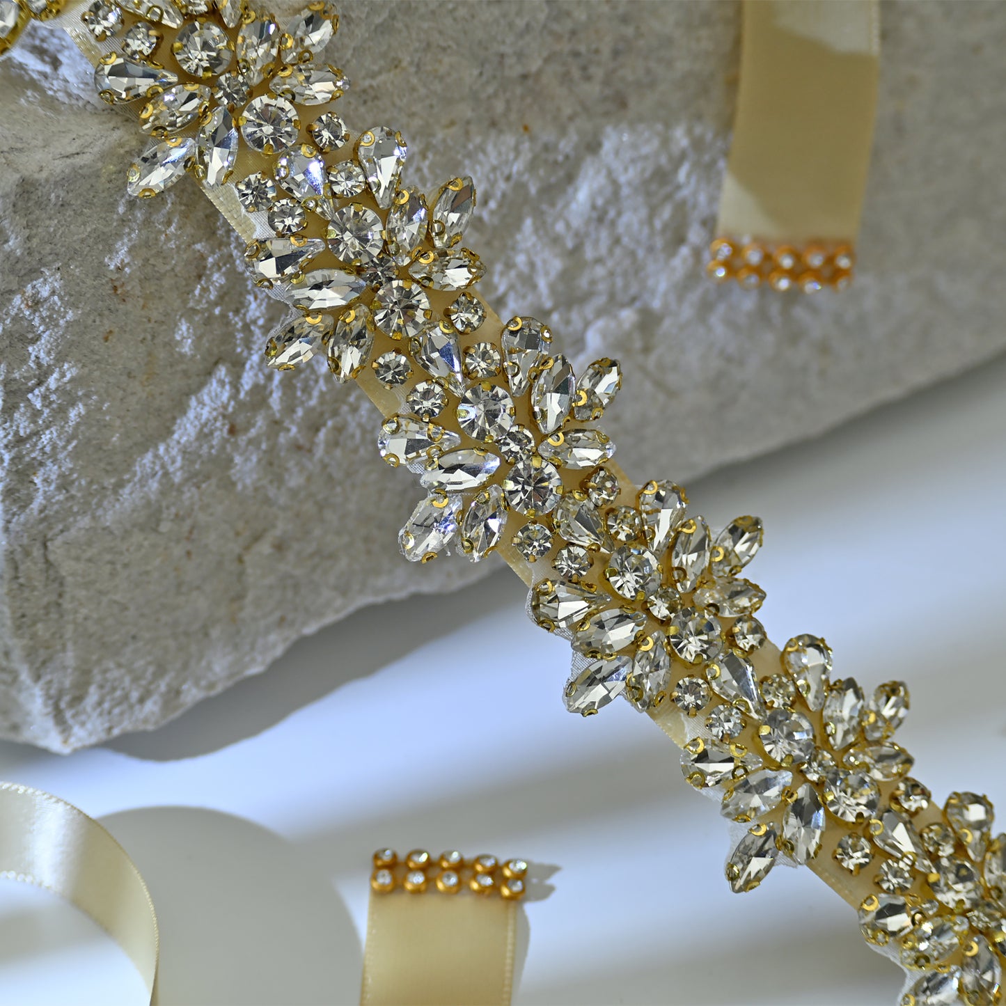 Bridella BS269G-D-Champagne Ribbon Gold Rhinestone Belt