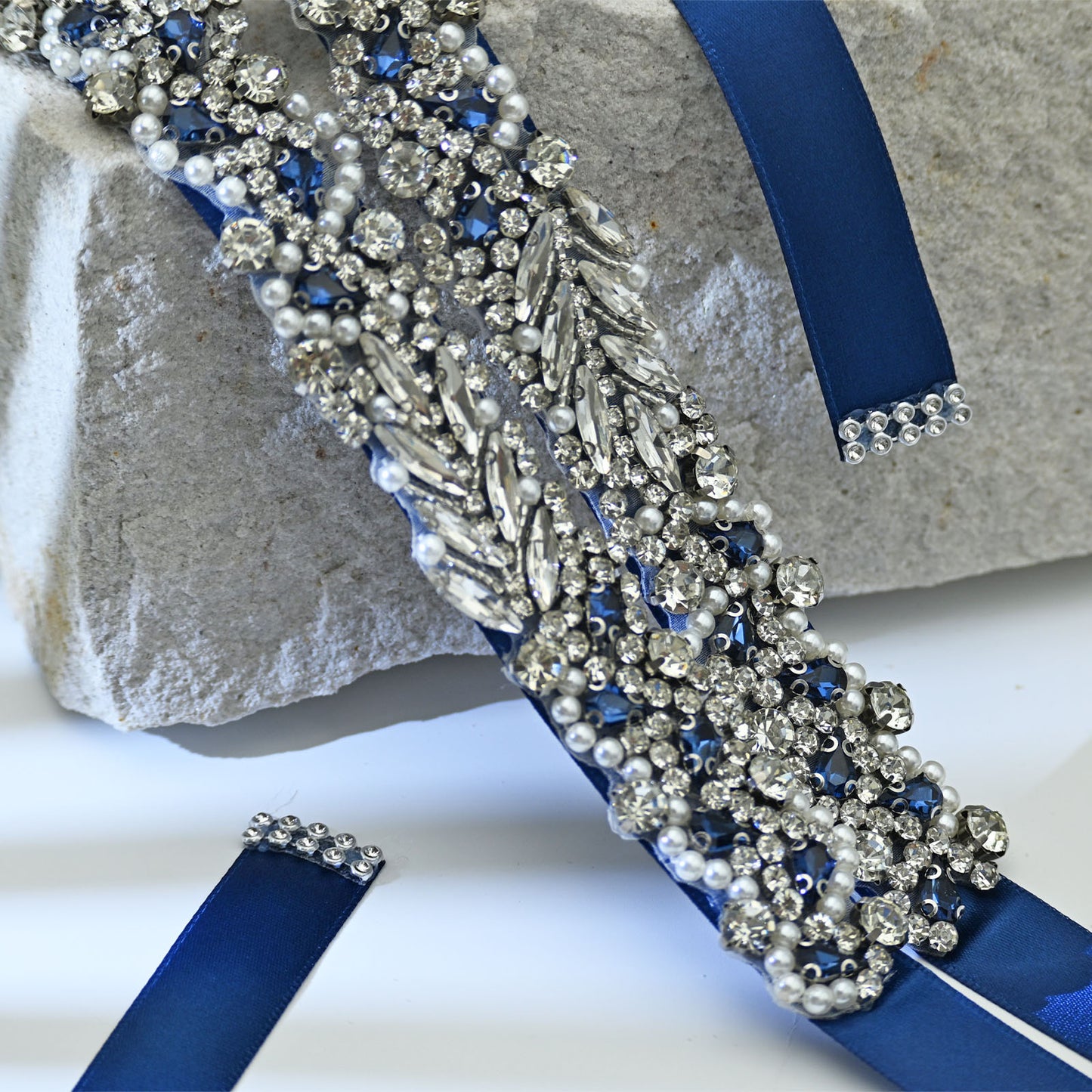 Navy Rhinestone Pearl Bridal Belt Wedding Sash - Bridella BS100ML