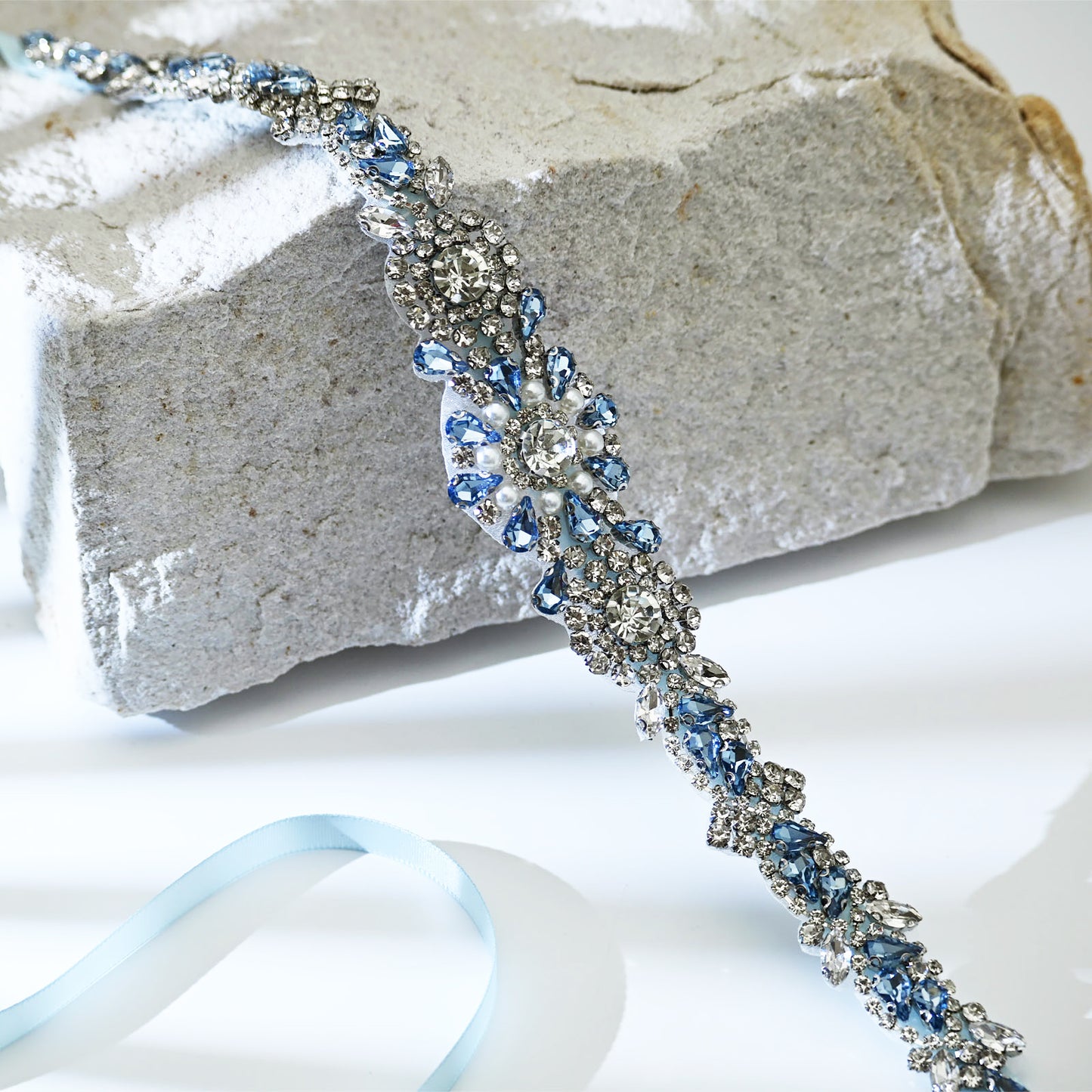 Light Blue Rhinestone & Pearl Belt - Bridella BS351QL