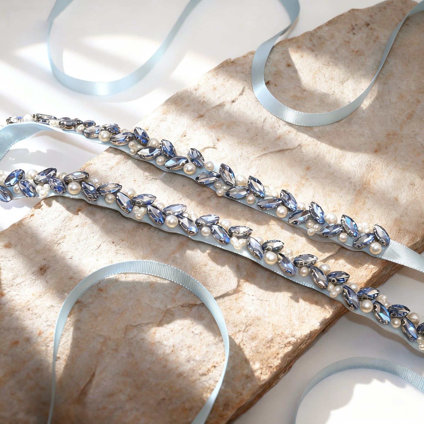 Light Blue Rhinestone Pearl Bridal Belt Wedding Sash – Bridella BS383QL