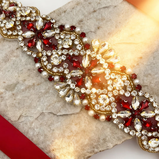 BS161BR burgundy rhinestone pearl belt