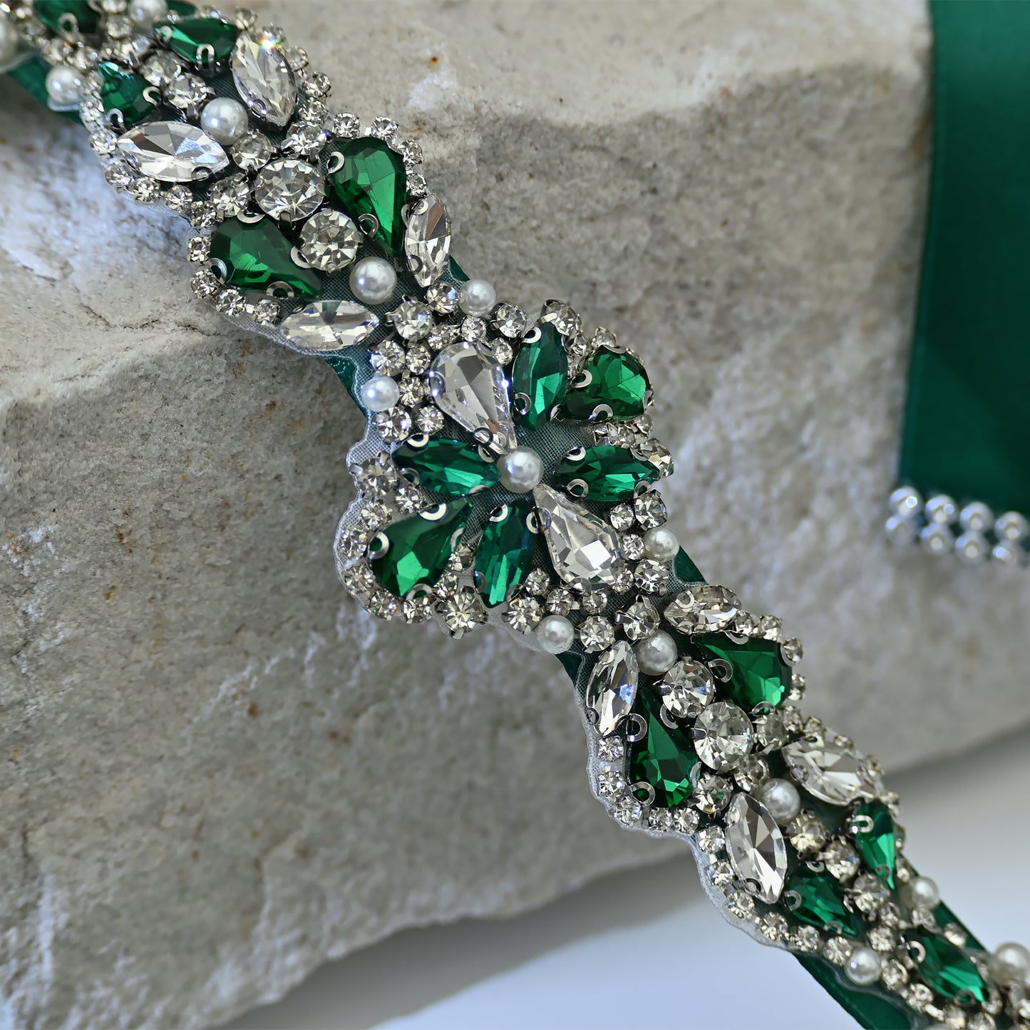 Bridella BS39KL Green Rhinestone & Pearl Belt