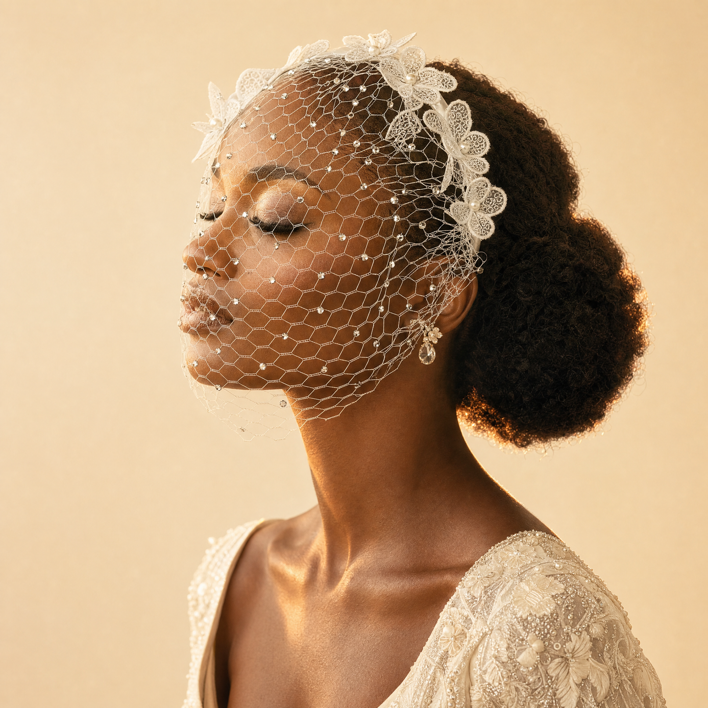 Rhinestone Lace Birdcage Bridal Veil Headband - Bridella BMA27