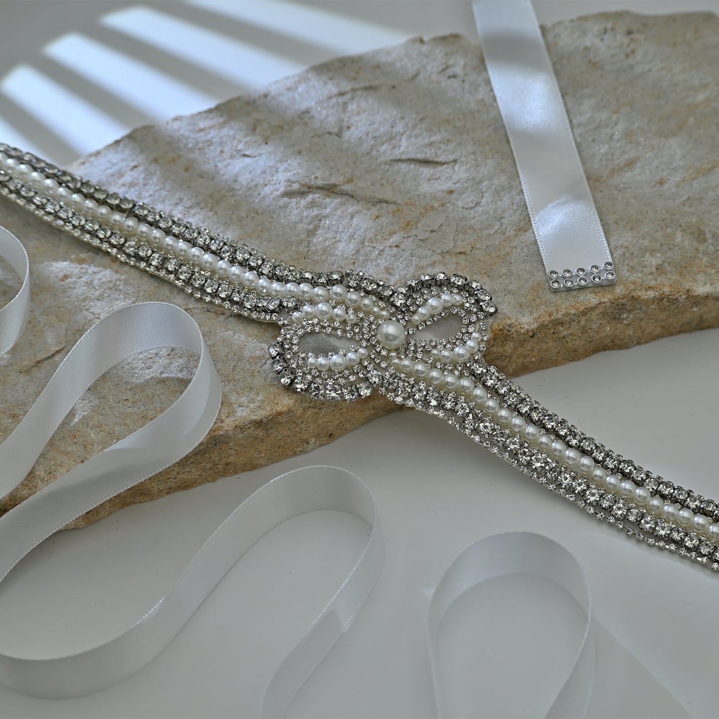 Bridella BS54 White Rhinestone & Pearl Belt