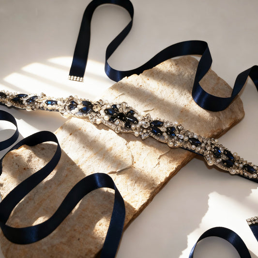 Navy Rhinestone Pearl Bridal Belt Wedding Sash – Bridella BS442ML