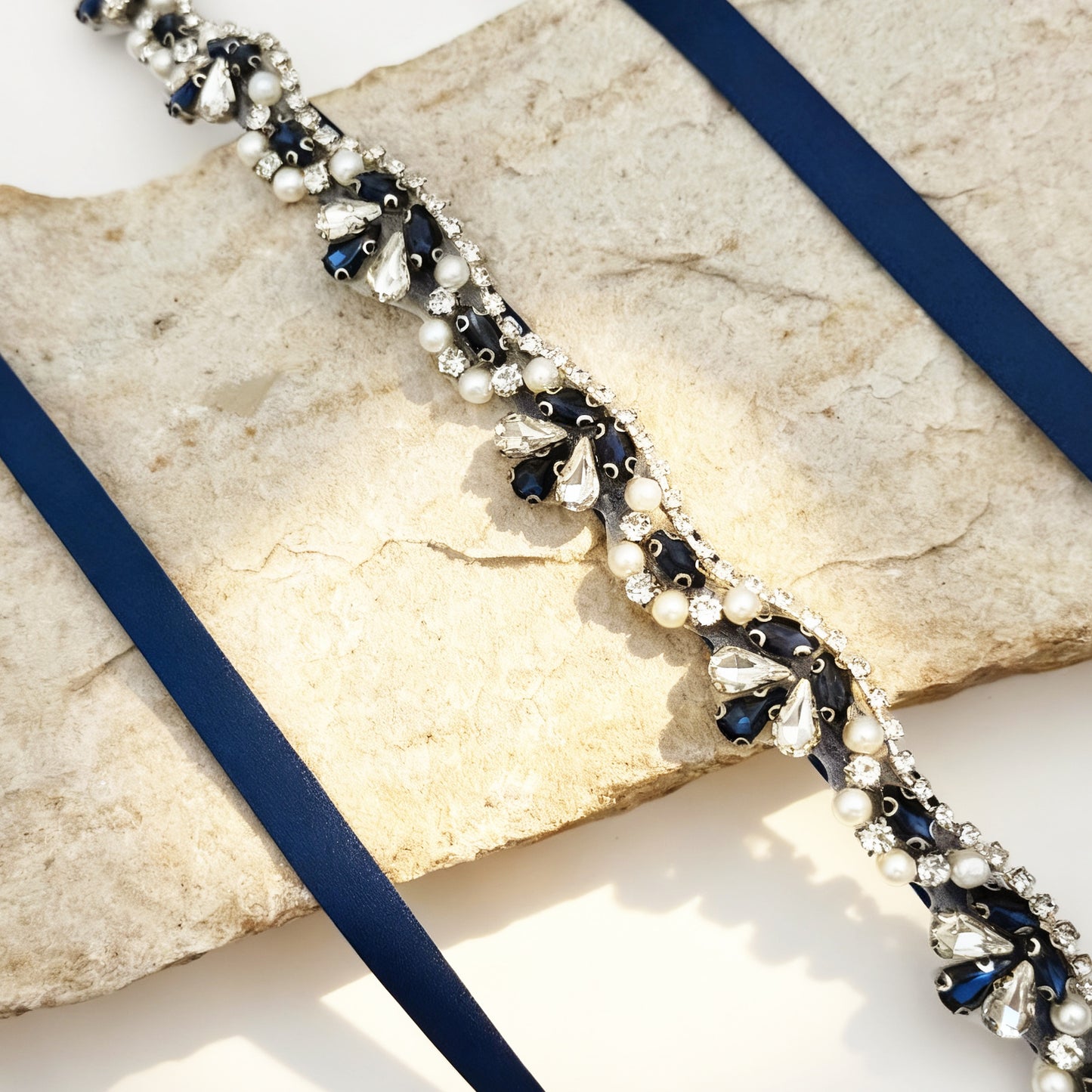 Navy Rhinestone & Pearl Belt - Bridella BS421ML