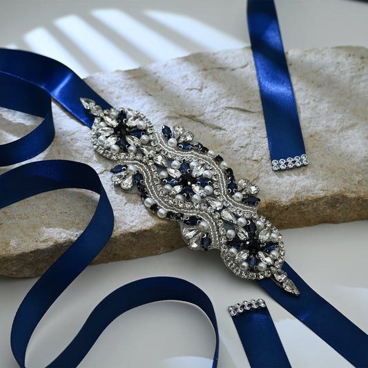 Navy Rhinestone & Pearl Belt - Bridella BS05ML