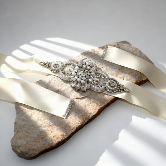 Bridella BS05B Ivory Rhinestone & Pearl Belt