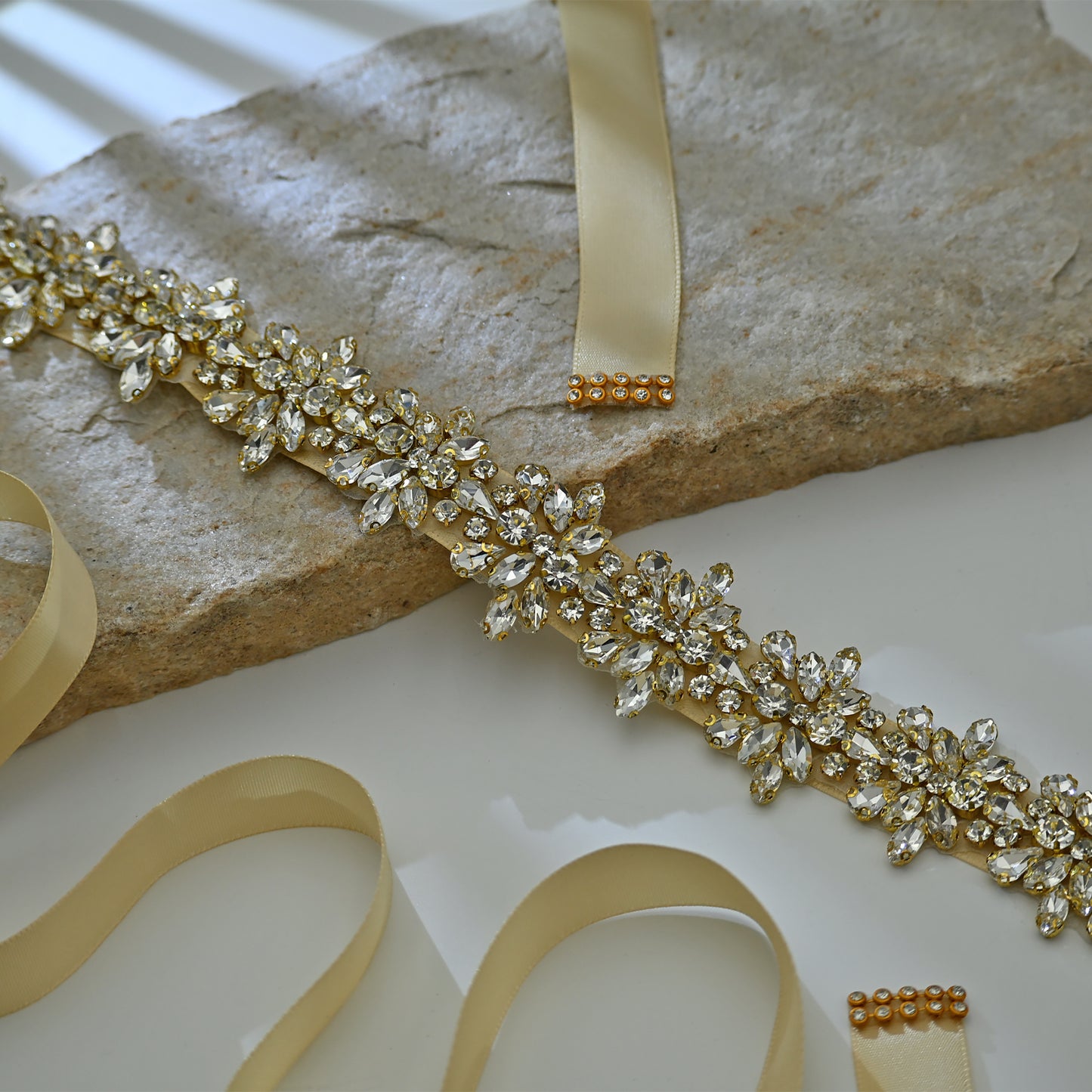 Bridella BS269G-D-Champagne Ribbon Gold Rhinestone Belt