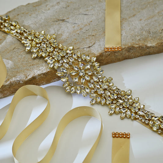 Champagne Rhinestone Bridal Dress Belt for Wedding - Bridella BS319-G