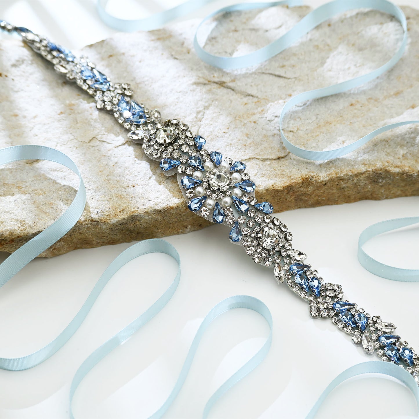 Light Blue Rhinestone & Pearl Belt - Bridella BS351QL