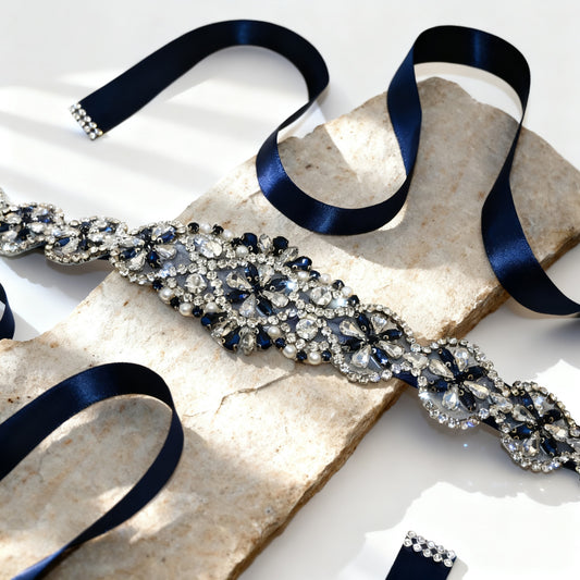 Bridella BS161ML Navy Rhinestone & Pearl Belt