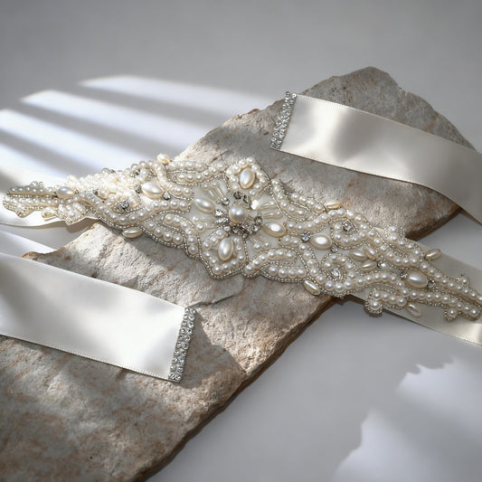Bridella BS26A Ivory Rhinestone & Pearl Belt