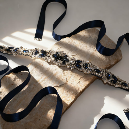 Bridella BS442ML Navy Rhinestone & Pearl Belt