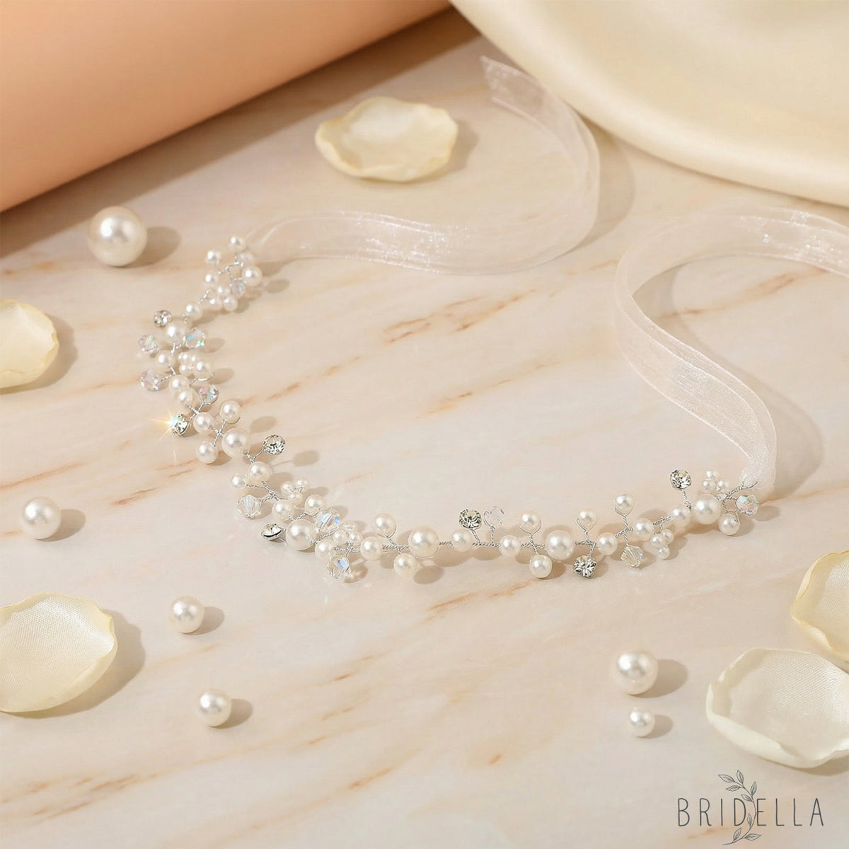 Elegant Silver Pearl Wedding Tiara for Bride - Bridella BHP3-S - White