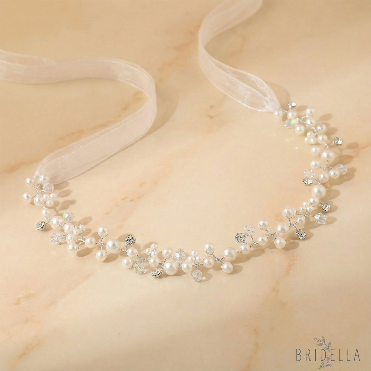 Elegant Silver Pearl Wedding Tiara for Bride - Bridella BHP3-S - White