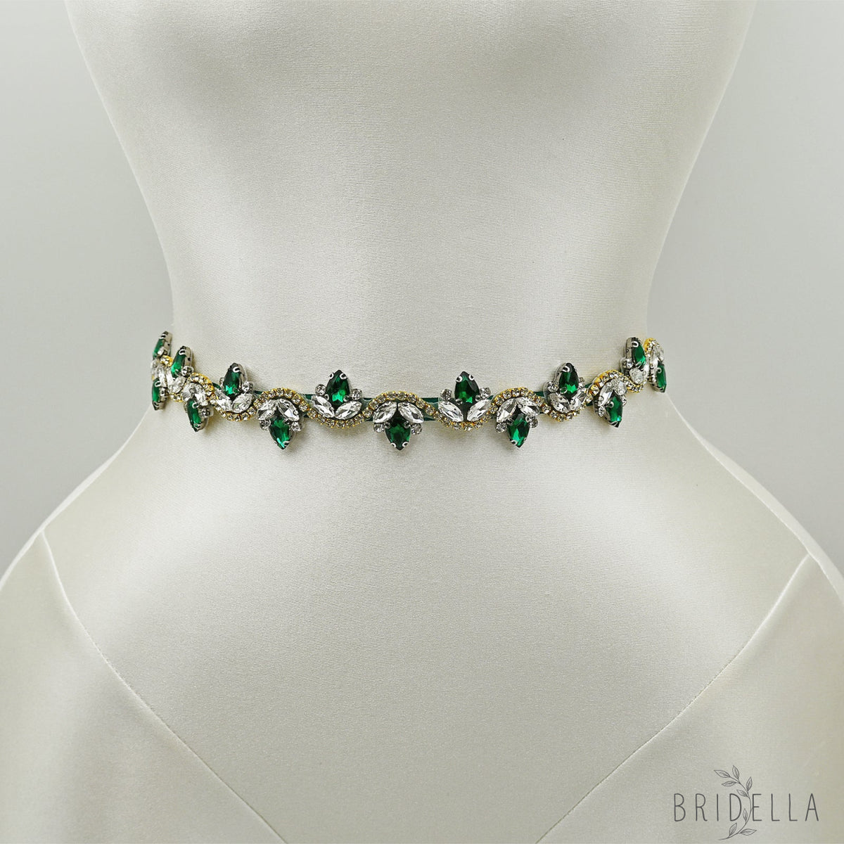 Emerald Green Rhinestone Bridal Belt with Ribbon Waist Sash Bridella BS211KL - Emerald - Belts