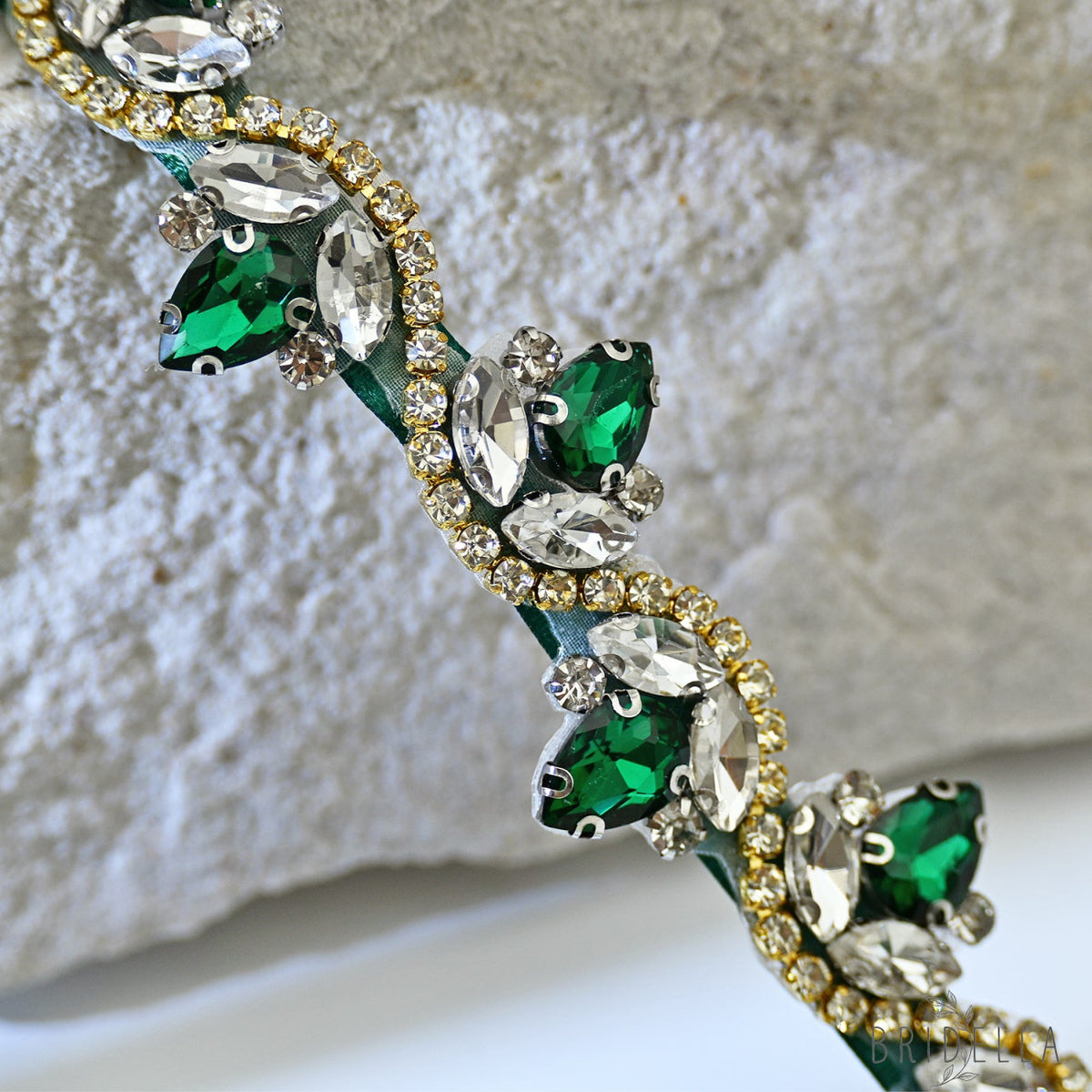 Emerald Green Rhinestone Bridal Belt with Ribbon Waist Sash Bridella BS211KL - Emerald - Belts