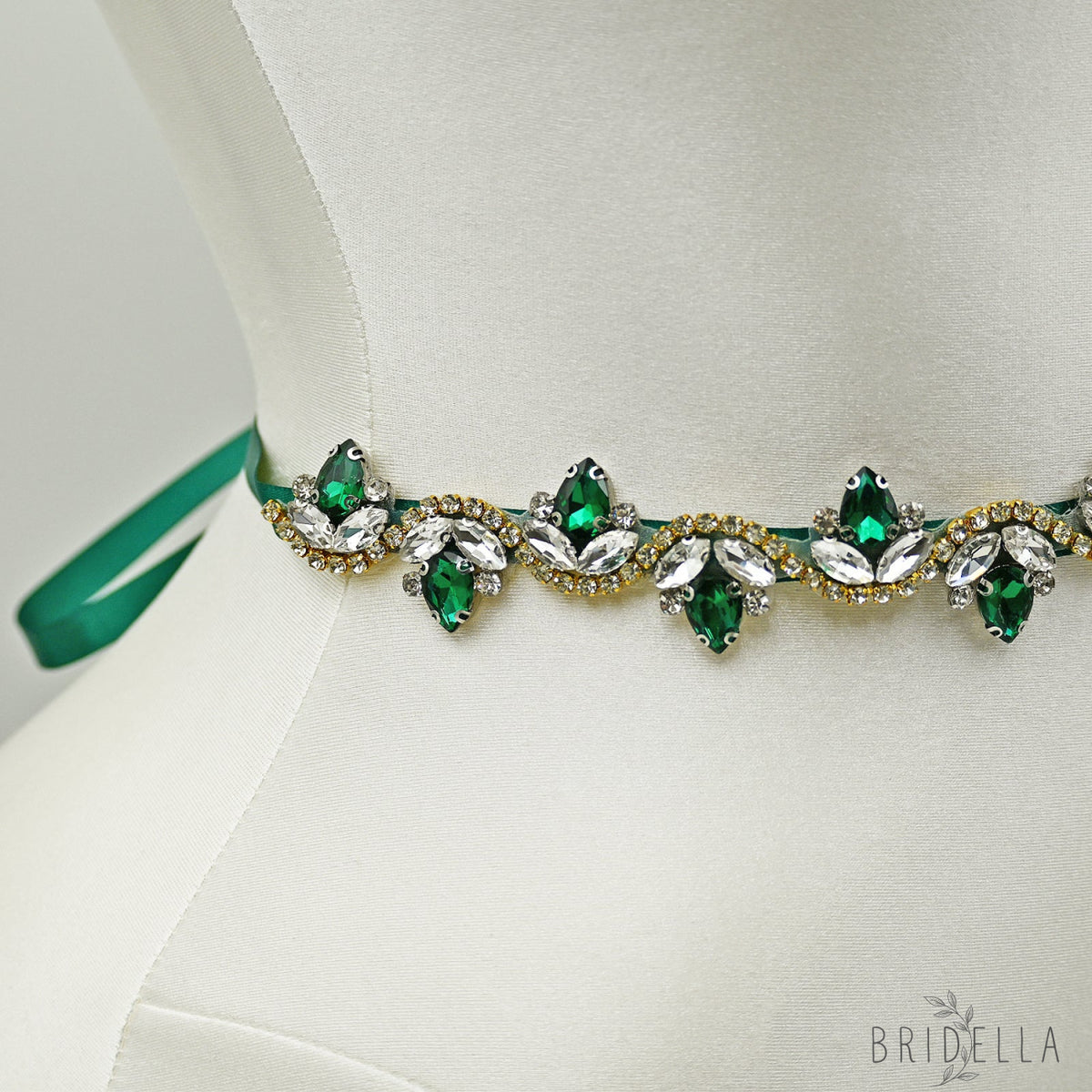 Emerald Green Rhinestone Bridal Belt with Ribbon Waist Sash Bridella BS211KL - Emerald - Belts