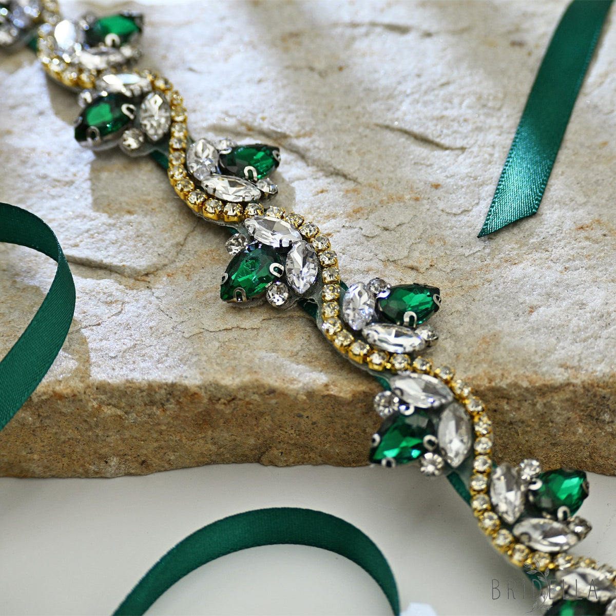 Emerald Green Rhinestone Bridal Belt with Ribbon Waist Sash Bridella BS211KL - Emerald - Belts