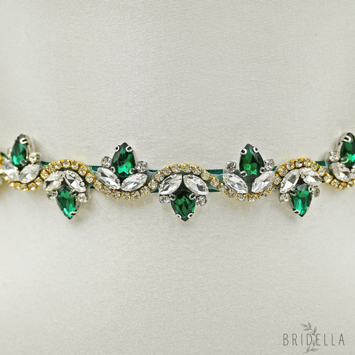 Emerald Green Rhinestone Bridal Belt with Ribbon Waist Sash Bridella BS211KL - Emerald - Belts