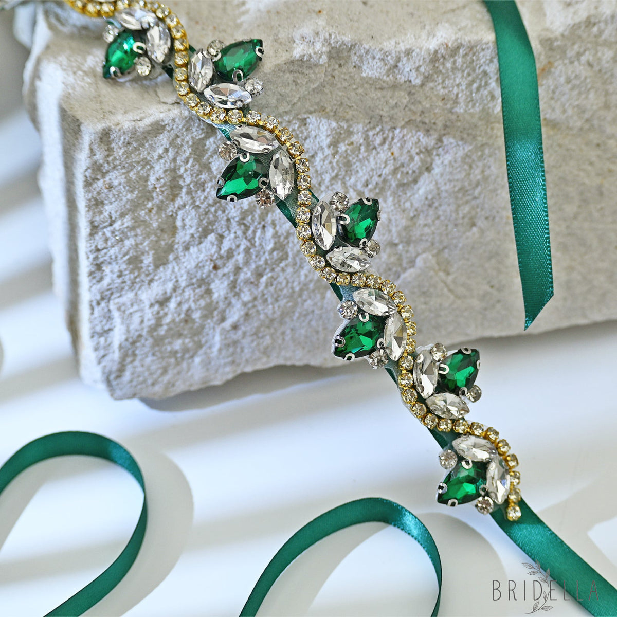 Emerald Green Rhinestone Bridal Belt with Ribbon Waist Sash Bridella BS211KL - Emerald - Belts