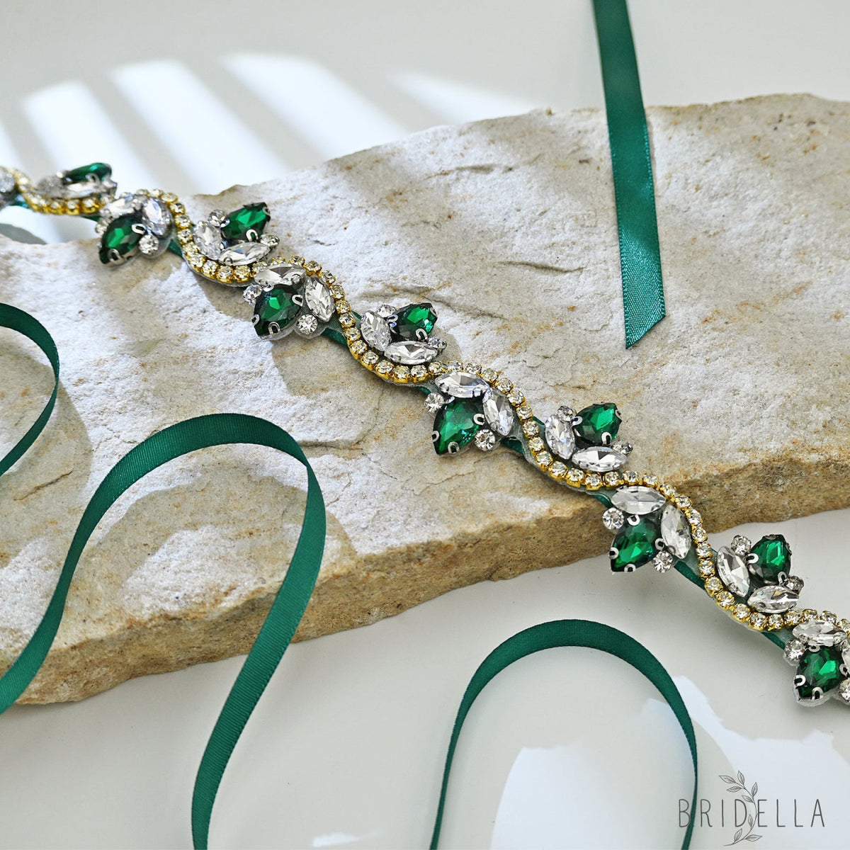 Emerald Green Rhinestone Bridal Belt with Ribbon Waist Sash Bridella BS211KL - Emerald - Belts