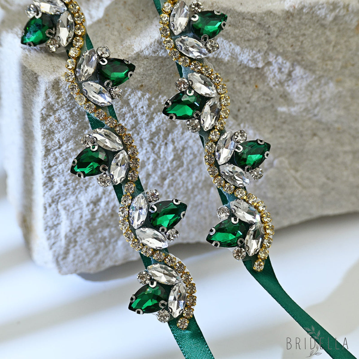 Emerald Green Rhinestone Bridal Belt with Ribbon Waist Sash Bridella BS211KL - Emerald - Belts