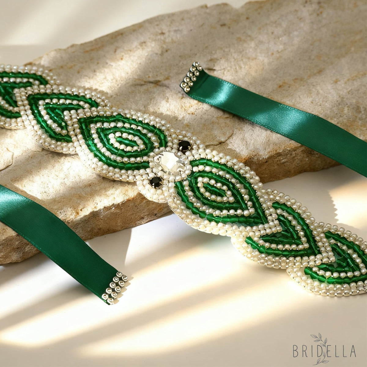 Emerald Green Rhinestone Bridal Sash Ribbon Wedding Dress Belt – Bridella BS265 - red 1 - Belts