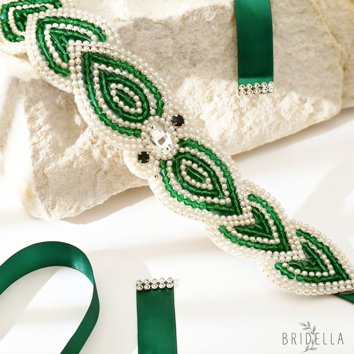Emerald Green Rhinestone Bridal Sash Ribbon Wedding Dress Belt – Bridella BS265 - red 1 - Belts