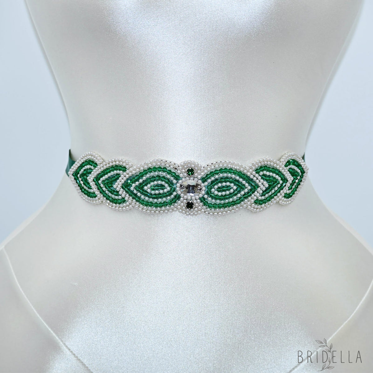 Emerald Green Rhinestone Bridal Sash Ribbon Wedding Dress Belt – Bridella BS265 - red 1 - Belts