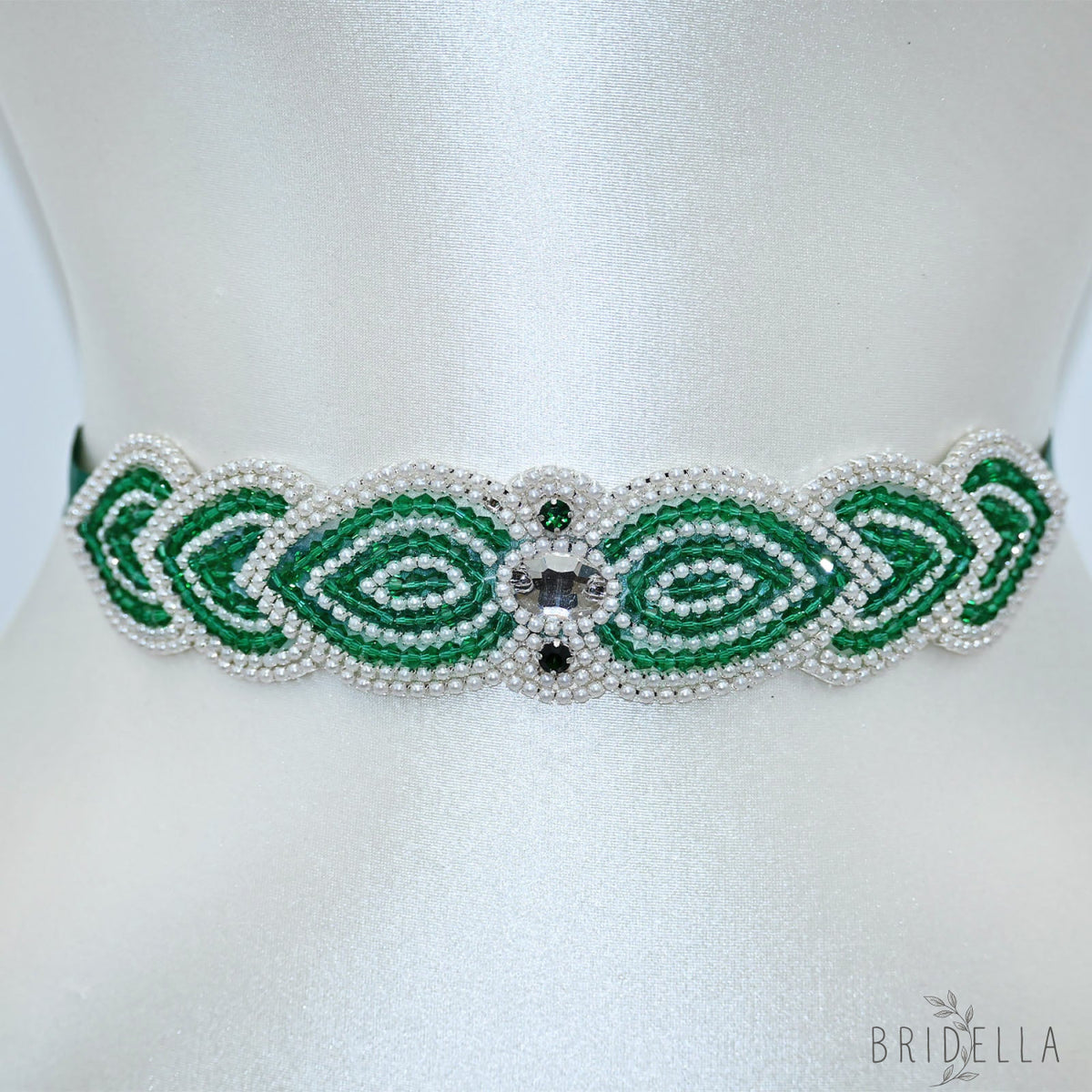 Emerald Green Rhinestone Bridal Sash Ribbon Wedding Dress Belt – Bridella BS265 - red 1 - Belts