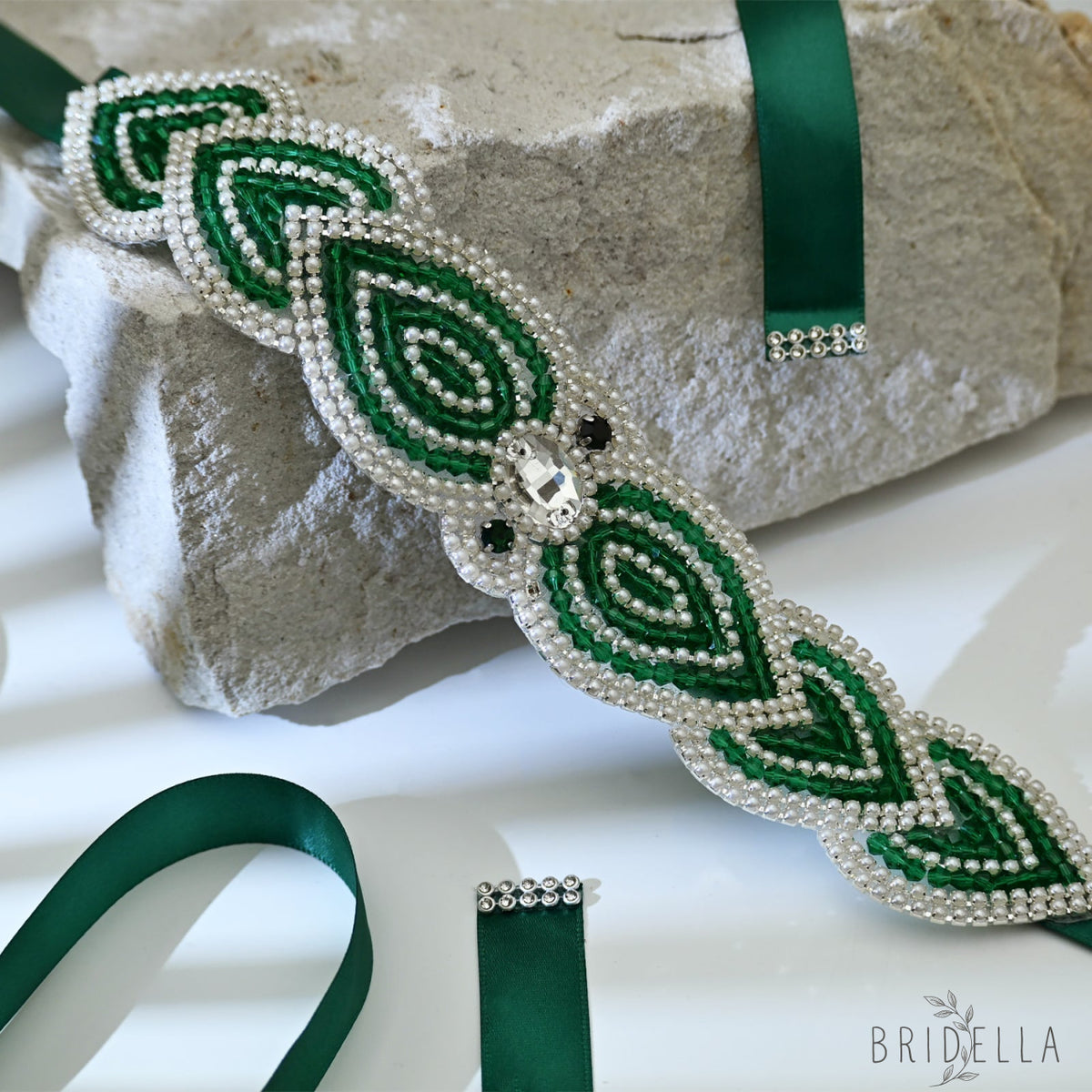 Emerald Green Rhinestone Bridal Sash Ribbon Wedding Dress Belt – Bridella BS265 - red 1 - Belts