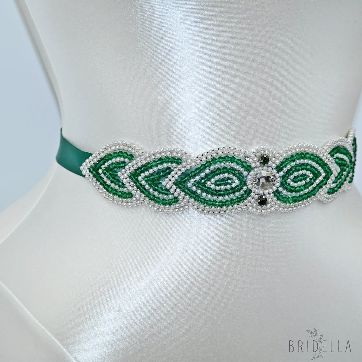 Emerald Green Rhinestone Bridal Sash Ribbon Wedding Dress Belt – Bridella BS265 - red 1 - Belts