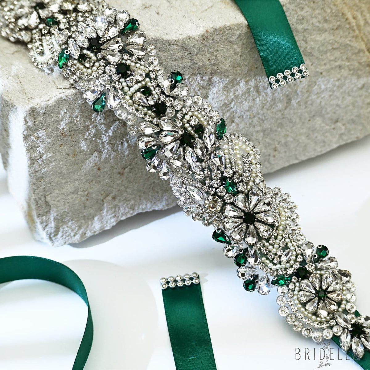 Emerald Green Rhinestone Bridal Sash Wedding Dress Belt – Bridella BS120KL - Emerald - Belts