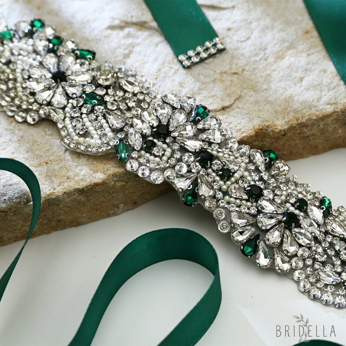 Emerald Green Rhinestone Bridal Sash Wedding Dress Belt – Bridella BS120KL - Emerald - Belts
