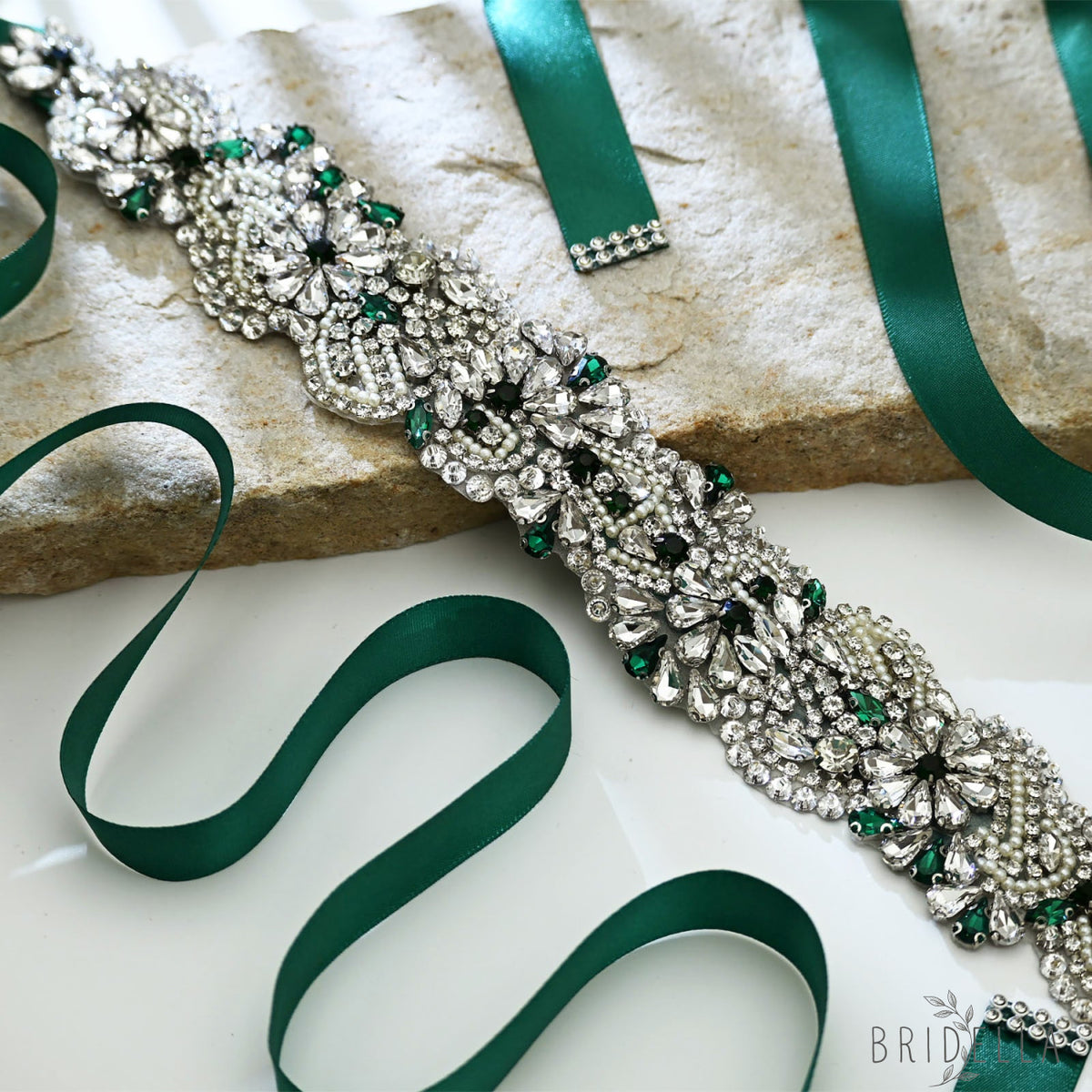 Emerald Green Rhinestone Bridal Sash Wedding Dress Belt – Bridella BS120KL - Emerald - Belts