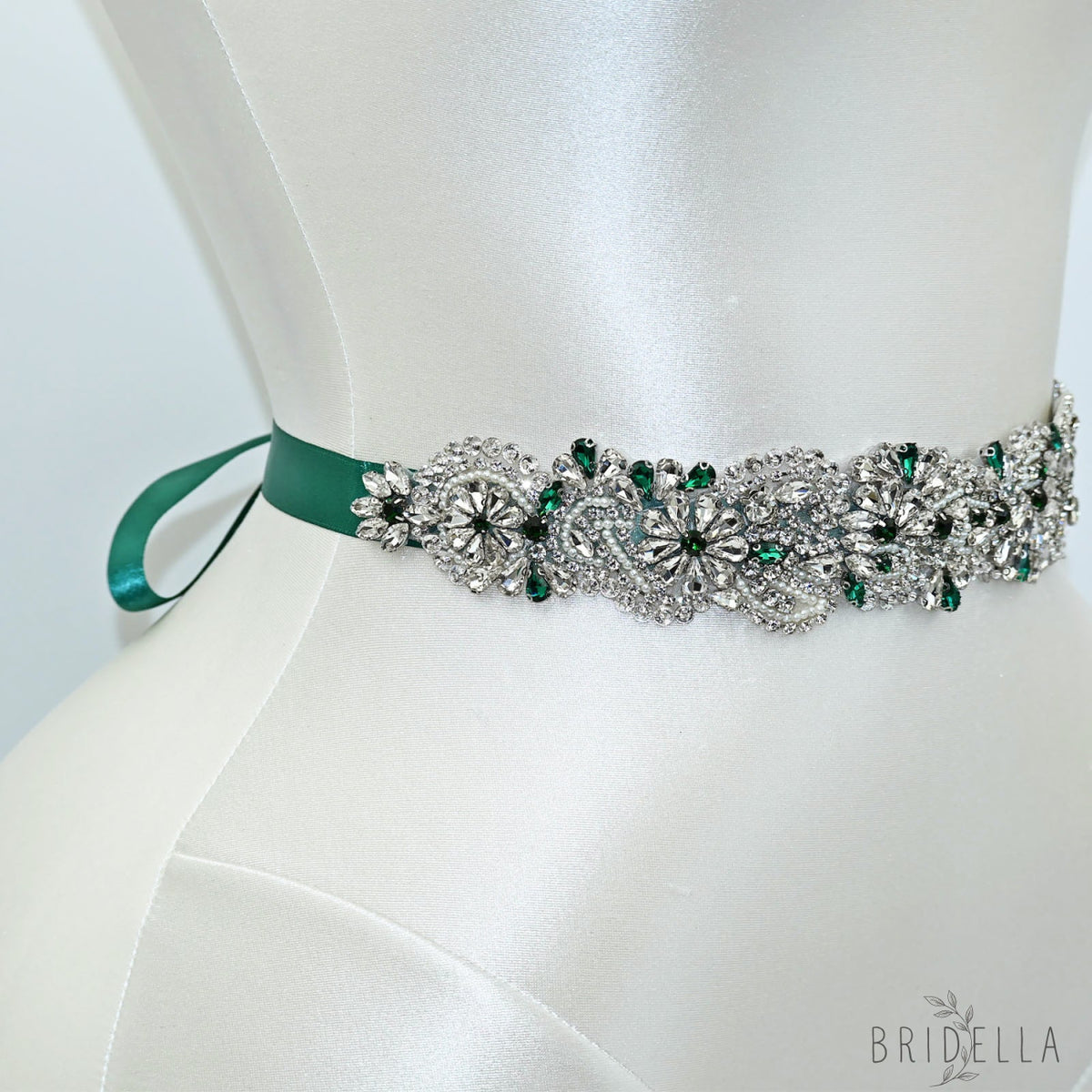 Emerald Green Rhinestone Bridal Sash Wedding Dress Belt – Bridella BS120KL - Emerald - Belts