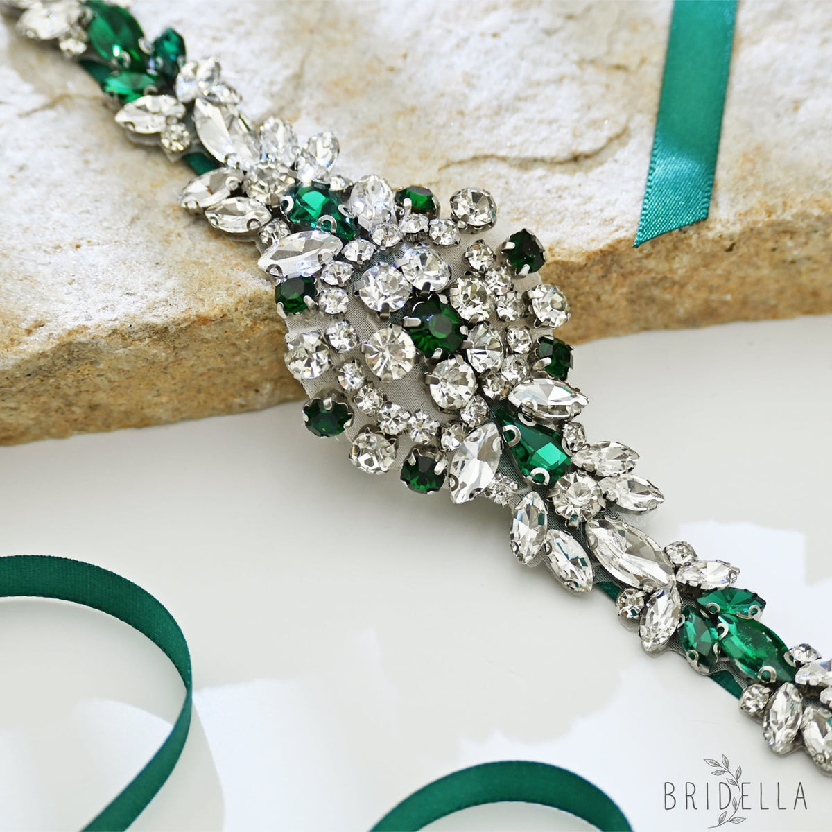 Emerald Green Rhinestone Bridal Sash Wedding Dress Belt – Bridella BS124KL - Emerald - Belts