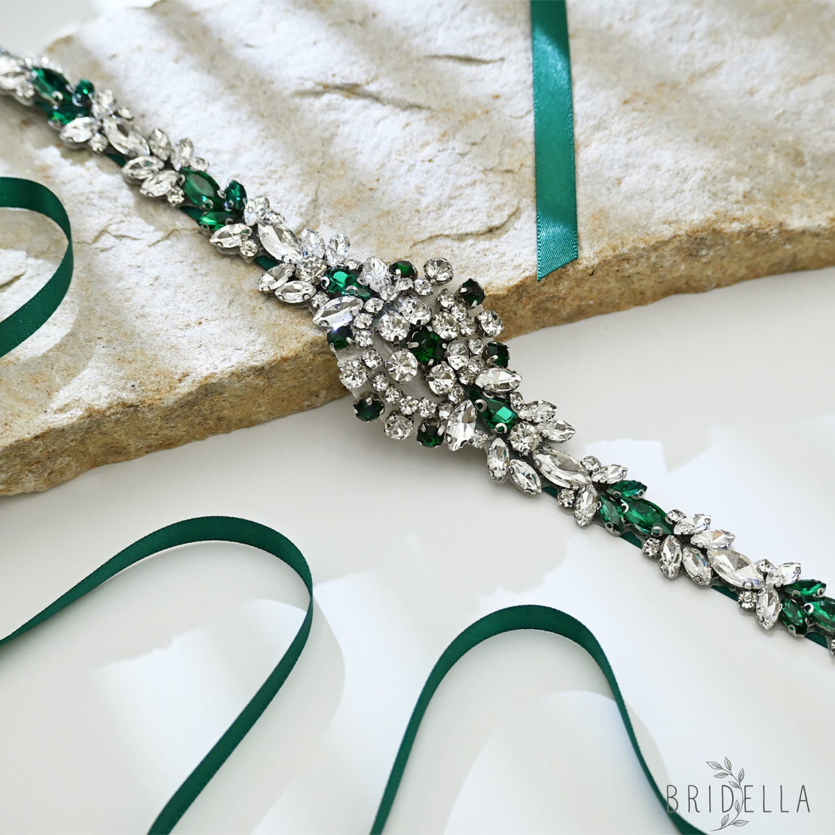 Emerald Green Rhinestone Bridal Sash Wedding Dress Belt – Bridella BS124KL - Emerald - Belts